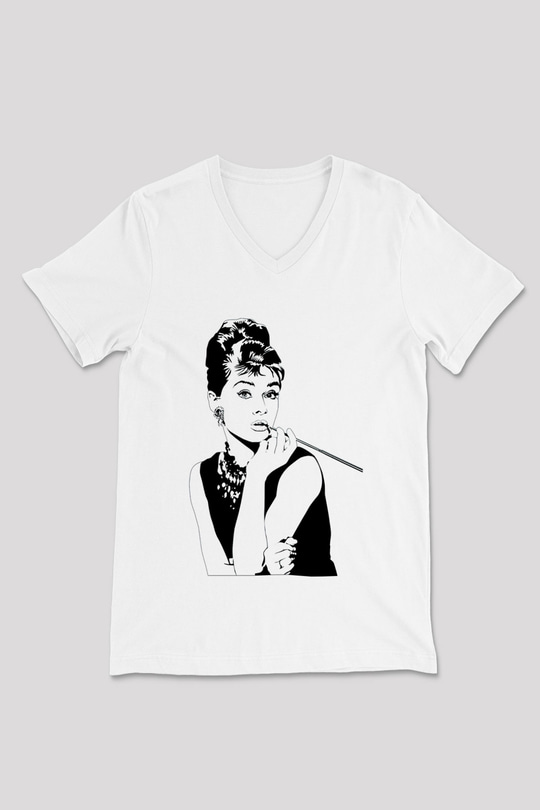 Audrey Hepburn Beyaz Unisex V Yaka Tişört T-Shirt