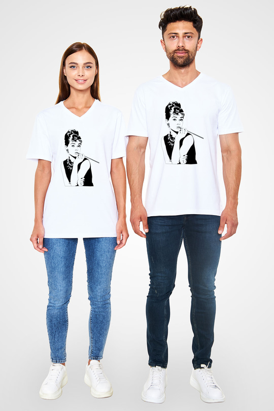 Audrey Hepburn Beyaz Unisex V Yaka Tişört T-Shirt