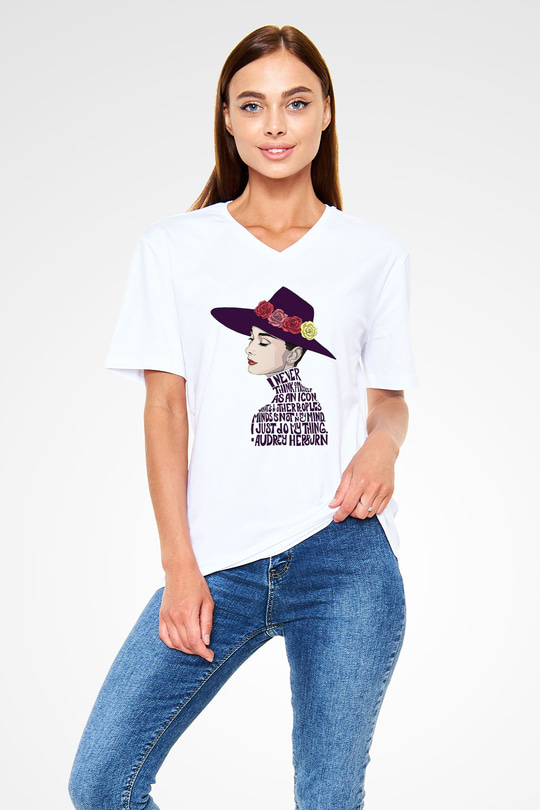 Audrey Hepburn Beyaz Unisex V Yaka Tişört T-Shirt