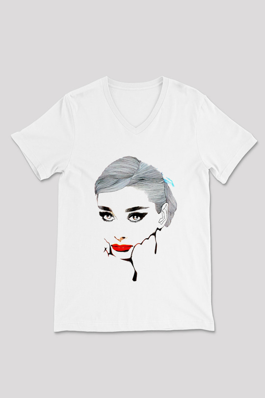 Audrey Hepburn Beyaz Unisex V Yaka Tişört T-Shirt