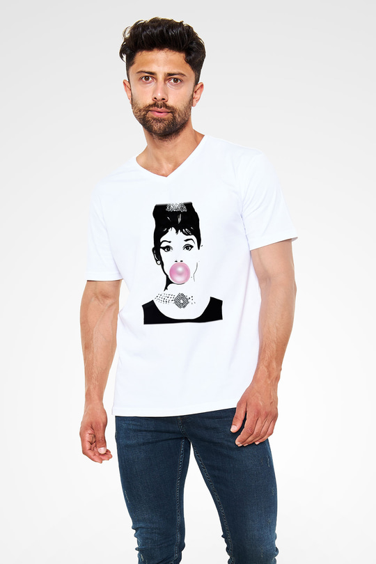 Audrey Hepburn Beyaz Unisex V Yaka Tişört T-Shirt