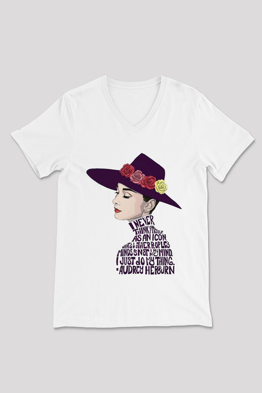Audrey Hepburn Beyaz Unisex V Yaka Tişört T-Shirt