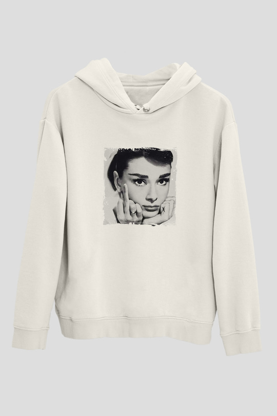 Audrey Hepburn Unisex Baskılı Beyaz Kapüşonlu Sweatshirt