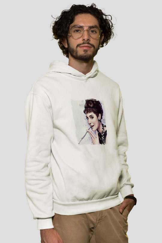 Audrey Hepburn Unisex Baskılı Beyaz Kapüşonlu Sweatshirt
