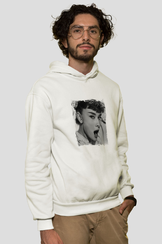 Audrey Hepburn Unisex Baskılı Beyaz Kapüşonlu Sweatshirt