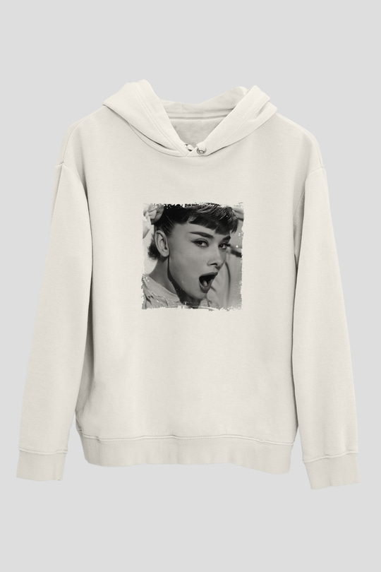 Audrey Hepburn Unisex Baskılı Beyaz Kapüşonlu Sweatshirt