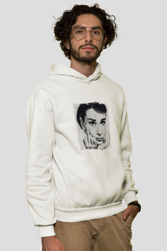 Audrey Hepburn Unisex Baskılı Beyaz Kapüşonlu Sweatshirt