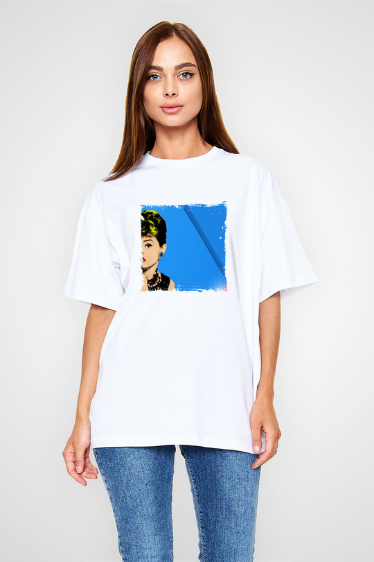 Audrey Hepburn Oversize Baskılı Beyaz Tişört