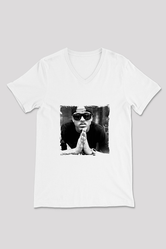 August Alsina Baskılı Beyaz V Yaka Unisex Tişört