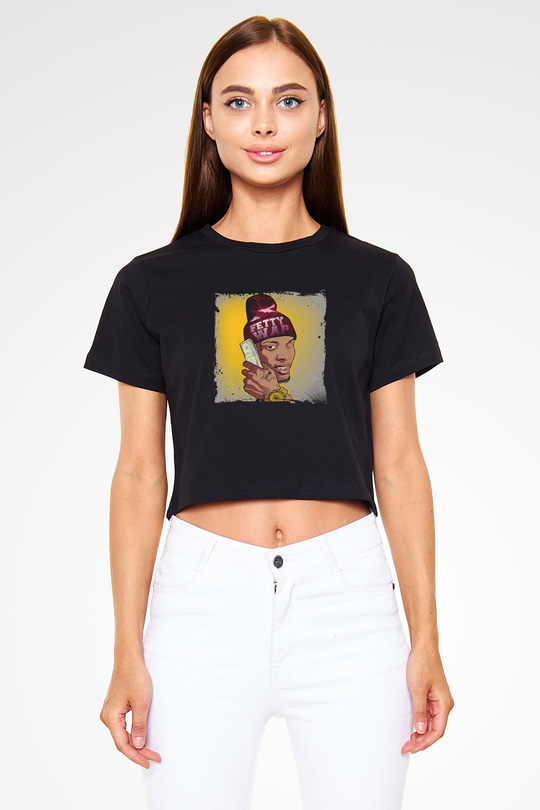 August Alsina Baskılı Crop Top Siyah Kadın Tişört