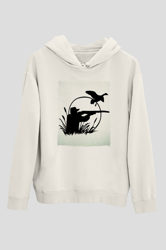 Avcı Beyaz Unisex Kapüşonlu Sweatshirt