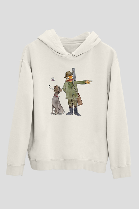 Avcı Beyaz Unisex Kapüşonlu Sweatshirt