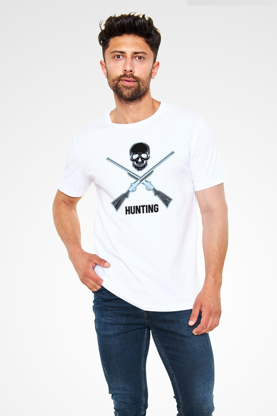 Avcılık Baskılı Unisex Beyaz Tişört - Tshirt