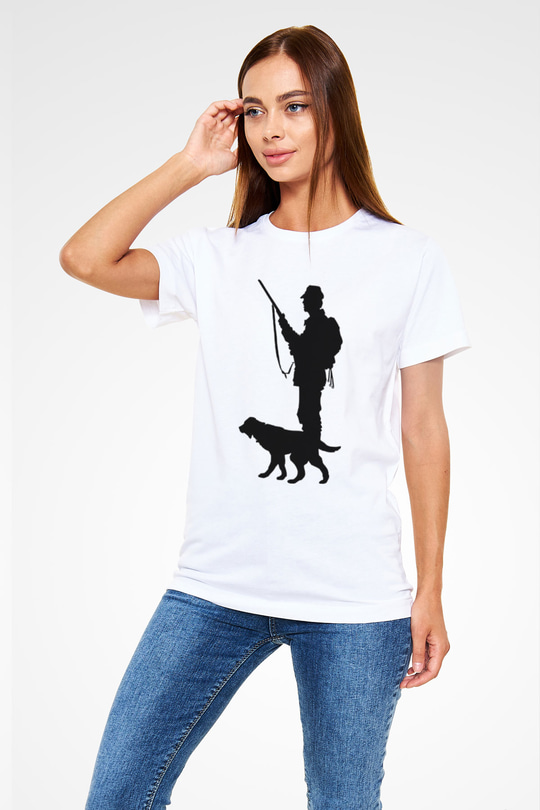 Avcılık Baskılı Unisex Beyaz Tişört - Tshirt