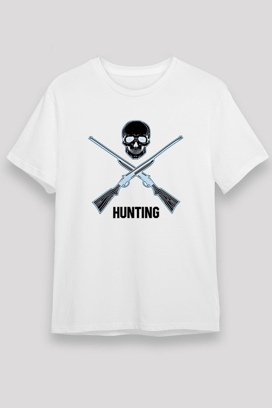 Avcılık Baskılı Unisex Beyaz Tişört - Tshirt