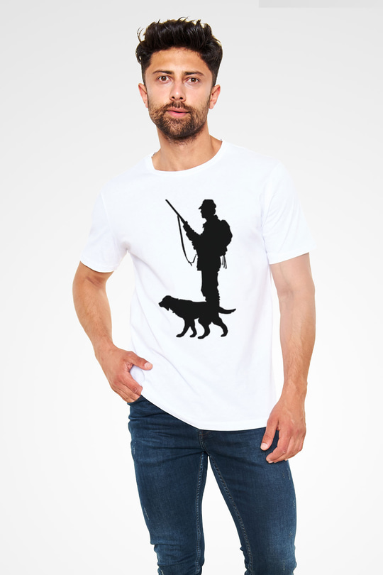 Avcılık Baskılı Unisex Beyaz Tişört - Tshirt