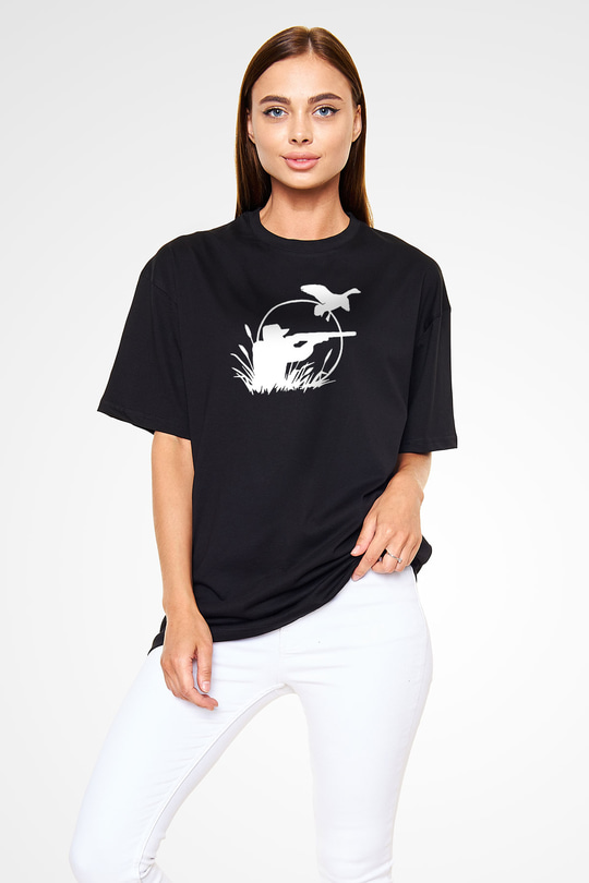 Avcılık - Hunting Baskılı Unisex Siyah Oversize Tişört