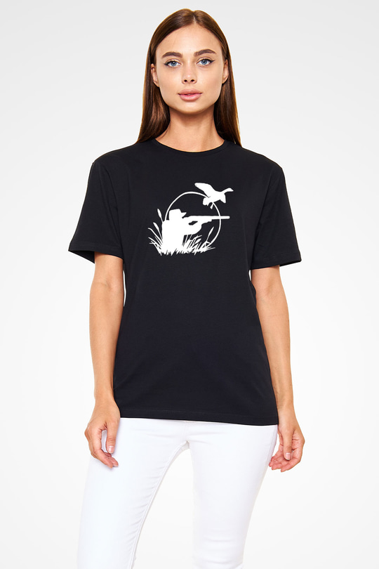 Avcılık - Hunting Baskılı Unisex Siyah Tişört - Tshirt