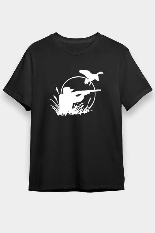 Avcılık - Hunting Baskılı Unisex Siyah Tişört - Tshirt
