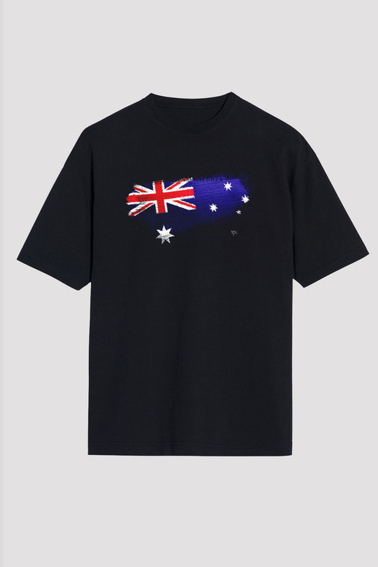 Avustralya - Australia Bayrağı Baskılı Unisex Siyah Oversize Tişört