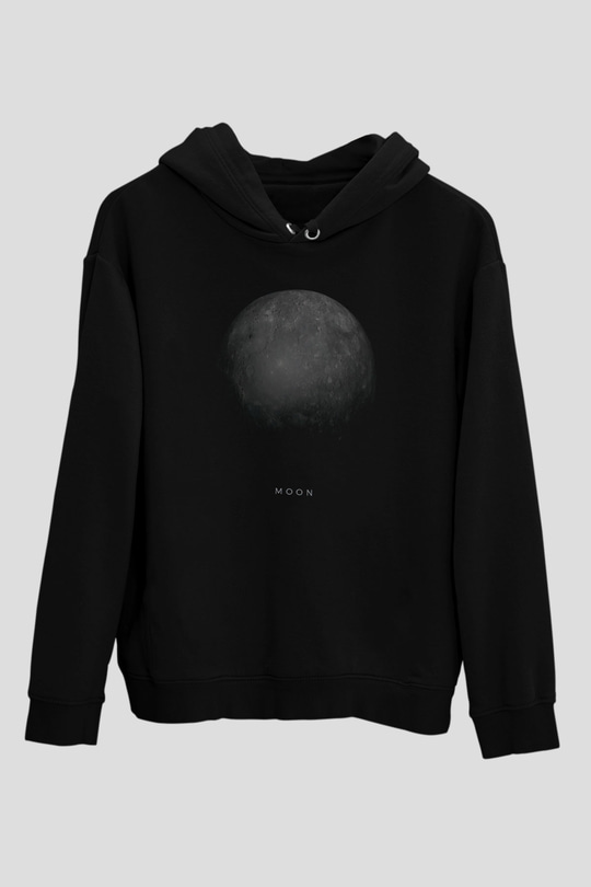 Ay Baskılı Unisex Siyah Hoodie