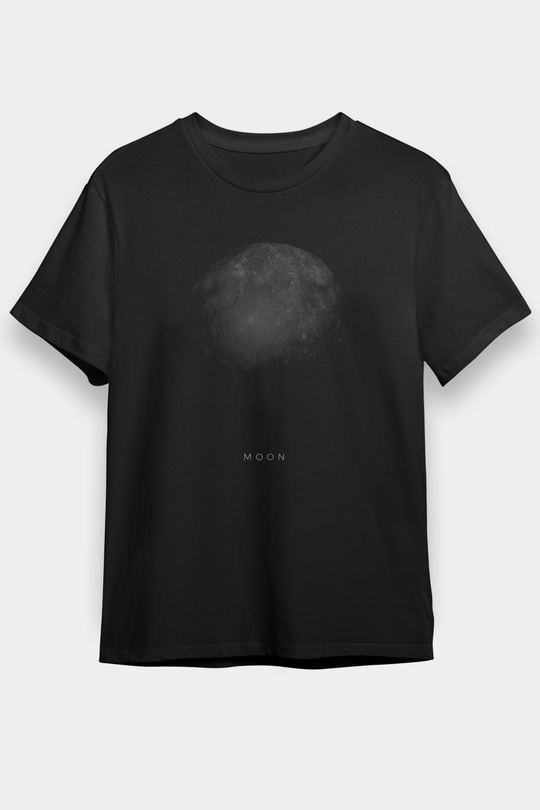 Ay Baskılı Unisex Siyah Tişört - Tshirt