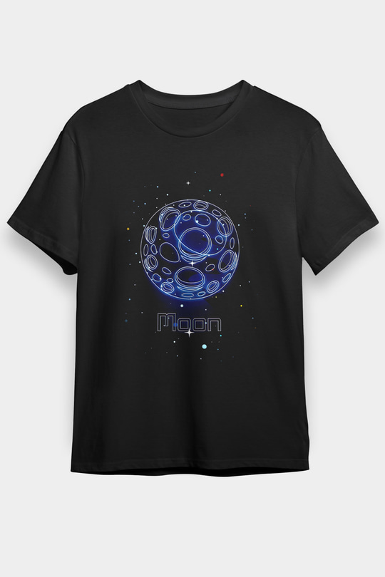 Ay Çizim Baskılı Unisex Siyah Tişört - Tshirt