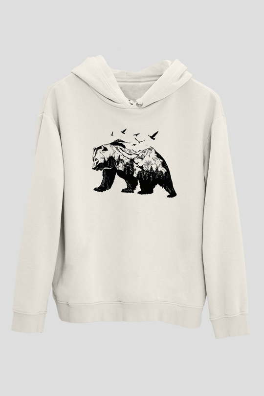 Ayı Beyaz Unisex Kapşonlu Sweatshirt