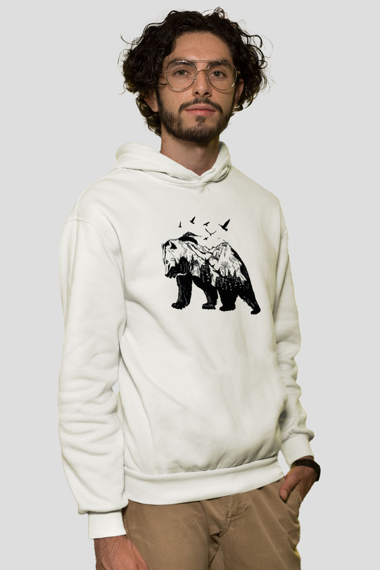 Ayı Beyaz Unisex Kapşonlu Sweatshirt