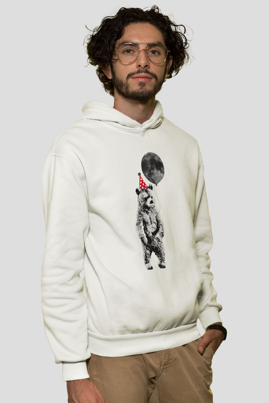 Ayı Beyaz Unisex Kapşonlu Sweatshirt