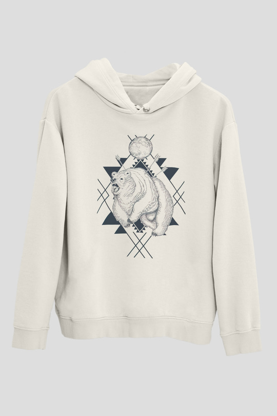 Ayı Beyaz Unisex Kapüşonlu Sweatshirt