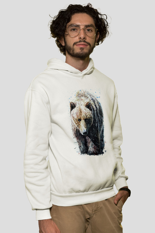 Ayı Beyaz Unisex Kapüşonlu Sweatshirt