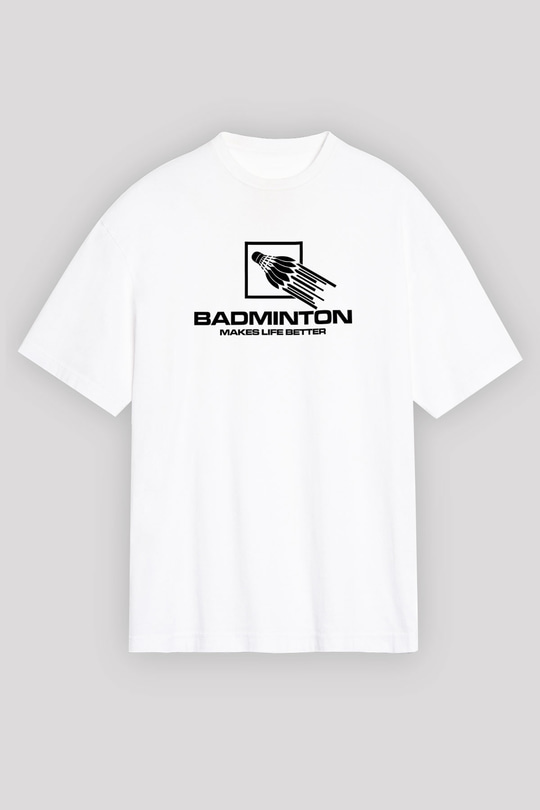 Badminton Baskılı Unisex Beyaz Oversize Tişört - Tshirt