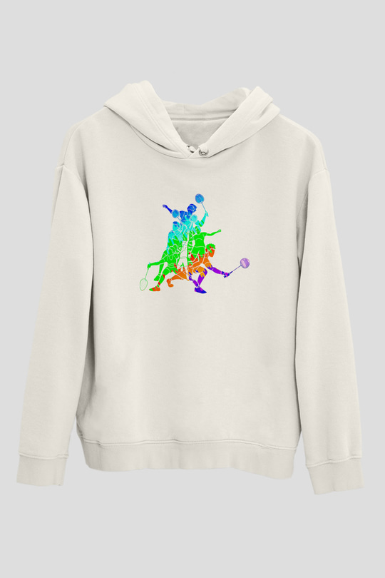 Badminton Baskılı Unisex Ekru Hoodie