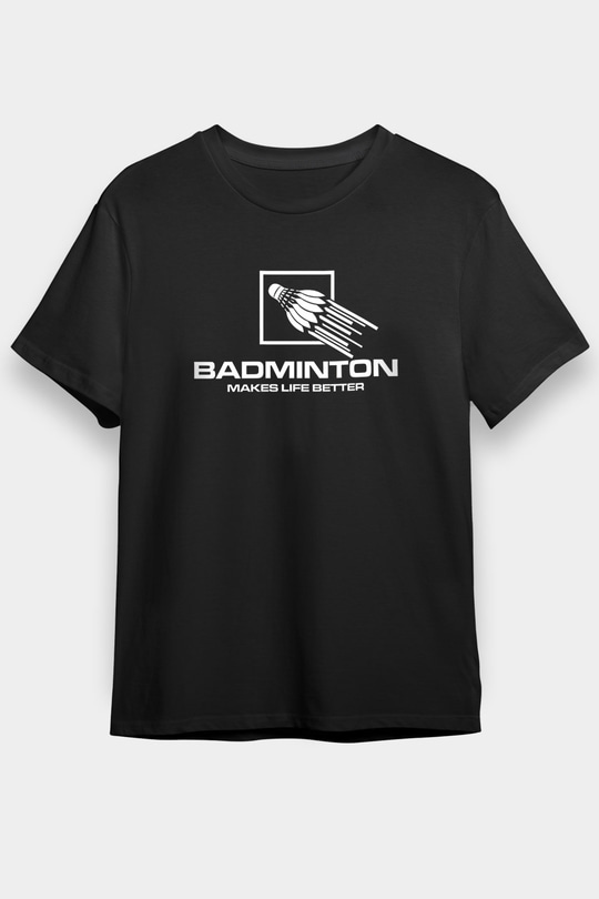 Badminton Baskılı Unisex Siyah Tişört - Tshirt