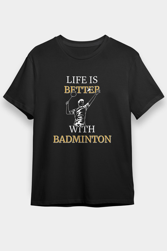 Badminton Baskılı Unisex Siyah Tişört - Tshirt
