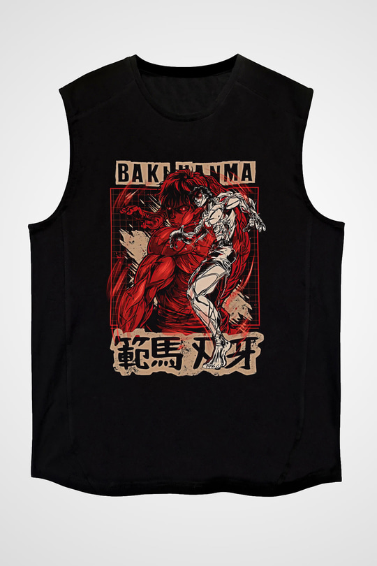 Baki The Grappler Baskılı Unisex Siyah Kolsuz Tişört - Tshirt