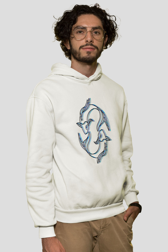 Balık Burcu Baskılı Beyaz Unisex Hoodie