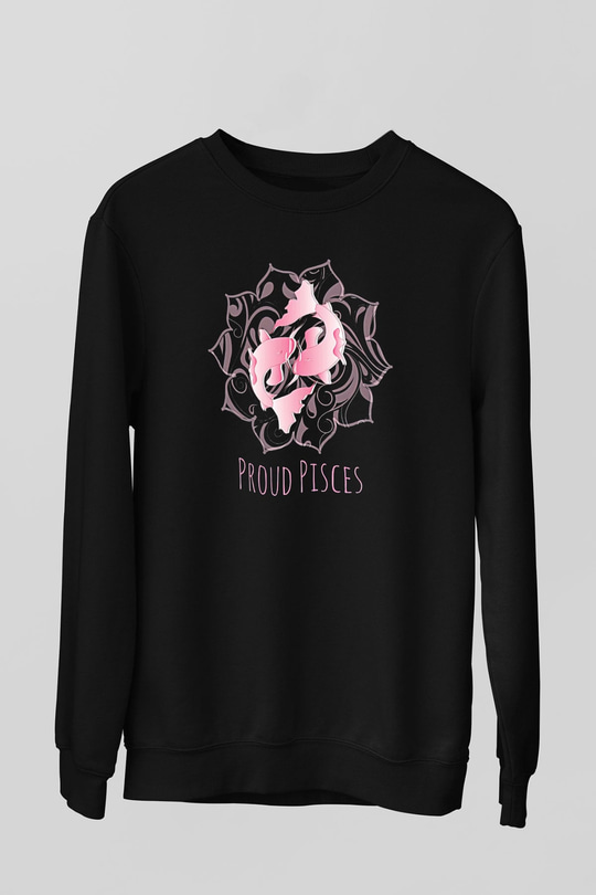Balık Burcu Baskılı Unisex Siyah Sweatshirt