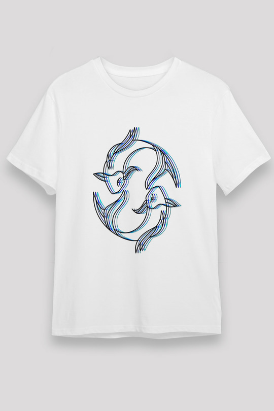 Balık Burcu Unisex Baskılı Beyaz Tişört - Tshirt