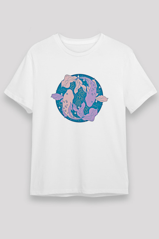 Balık Burcu Unisex Baskılı Beyaz Tişört - Tshirt