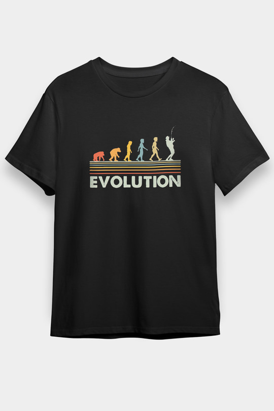 Balıkçı Evrimi Baskılı Unisex Siyah Tişört - Tshirt