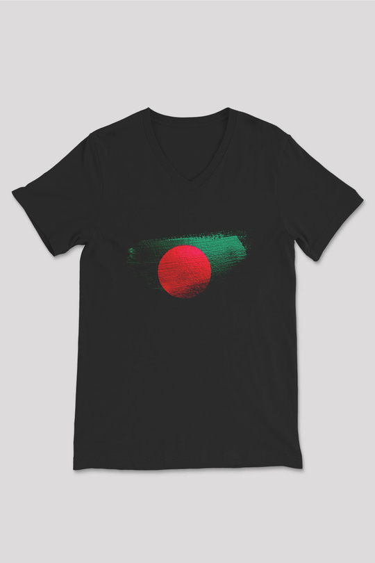 Bangladeş - Bangladesh Bayrağı Baskılı Unisex Siyah V Yaka Tişört