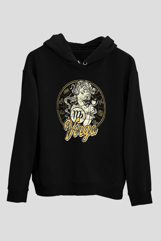 Başak Burcu Baskılı Unisex Siyah Hoodie