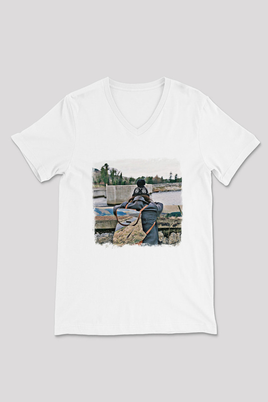 Basement Baskılı Unisex Beyaz V Yaka Tişört