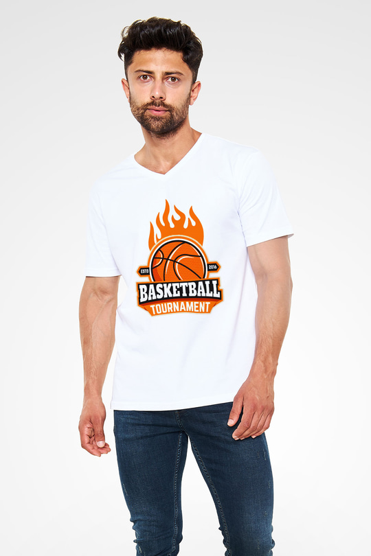 Basketbol Beyaz Unisex V Yaka Tişört T-Shirt