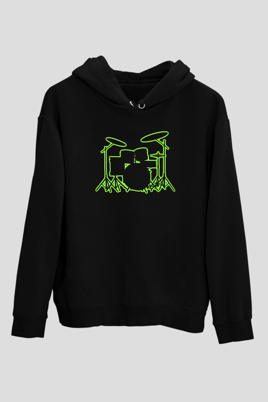 Bateri Baskılı Unisex Siyah Hoodie