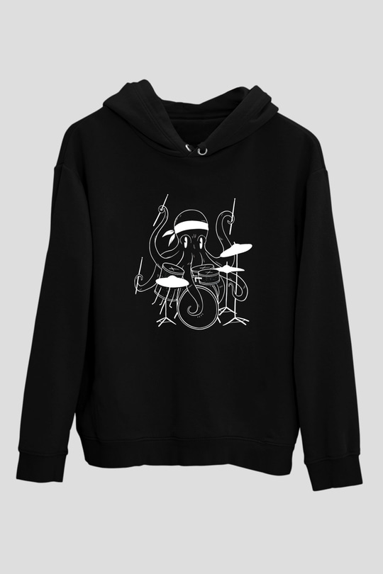 Bateri Baskılı Unisex Siyah Hoodie