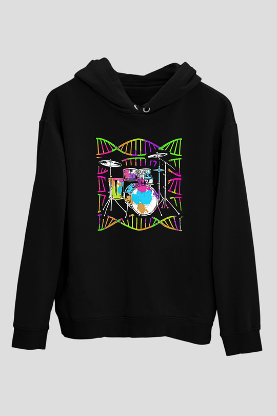 Bateri Baskılı Unisex Siyah Hoodie