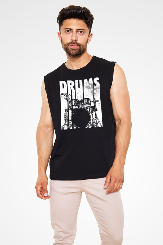 Bateri Baskılı Unisex Siyah Kolsuz Tişört - Tshirt
